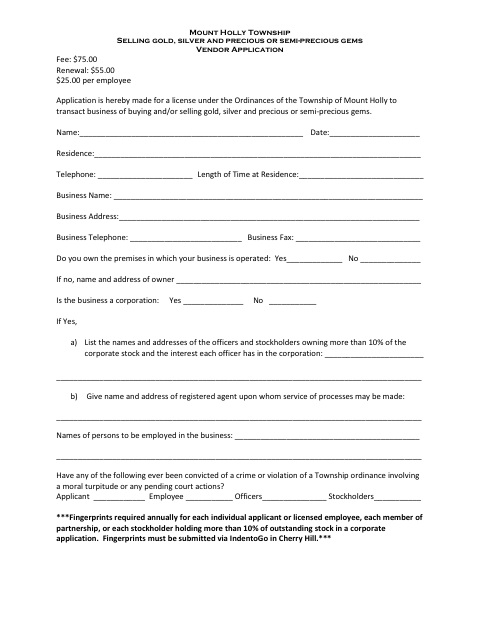 First page of the Gold, Silver and Gems Vendor Application