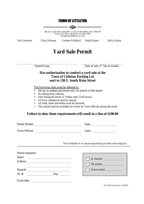First page of the Yard Sale Permit