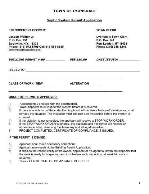 First page of the Septic System Permit Application
