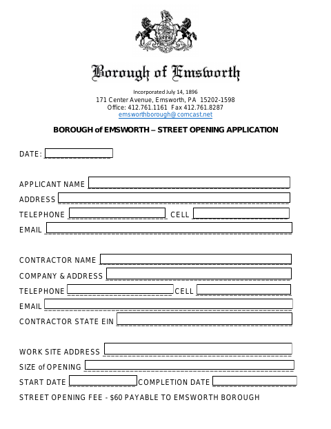 First page of the Street Opening Application
