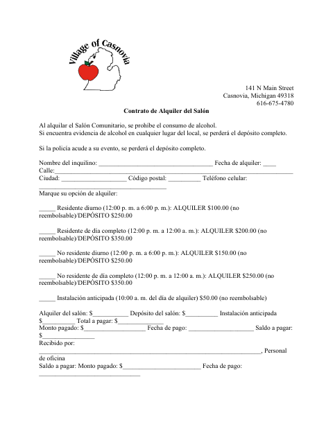 First page of the Hall Rental Agreement (Spanish Version)