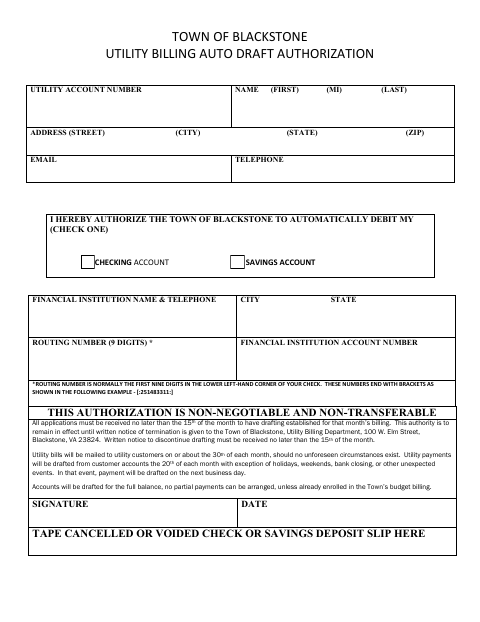 First page of the Utility Billing Auto Draft Authorization Form