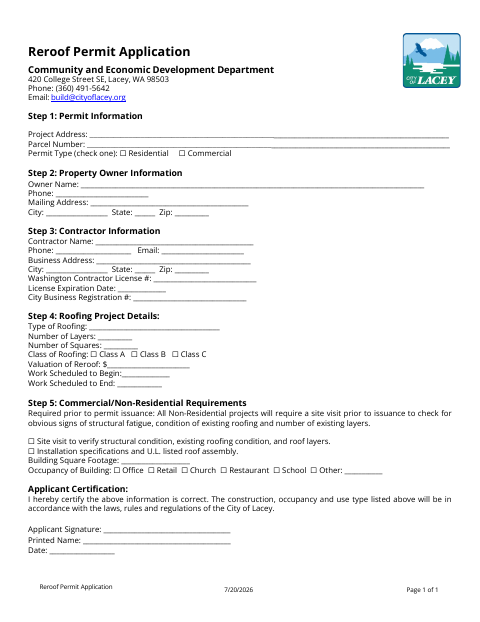 First page of the Reroof Permit Application