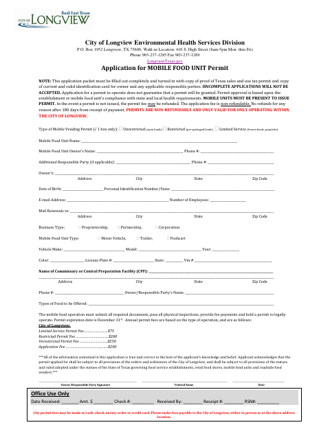 First page of the Application for Mobile Food Unit Permit