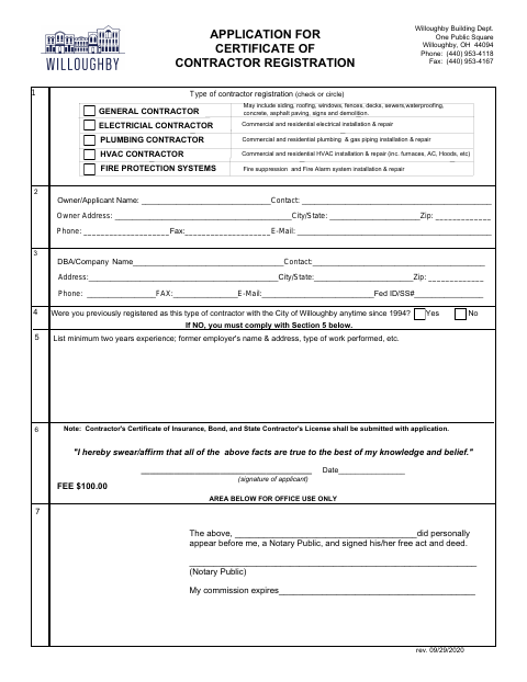 First page of the Certificate of Contractor Registration Application