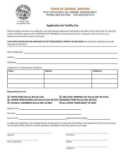 First page of the Application for Facility Use