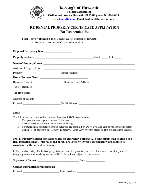 First page of the Residential Rental Property Certificate Application