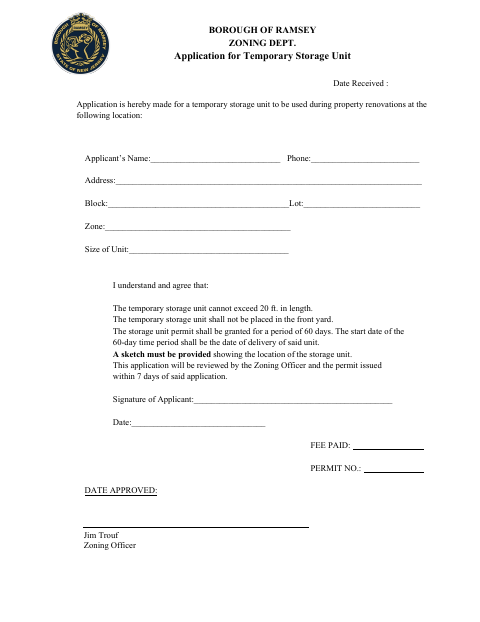 First page of the Application for Temporary Storage Unit