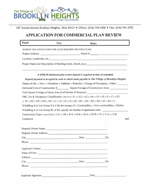 First page of the Application for Commercial Plan Review