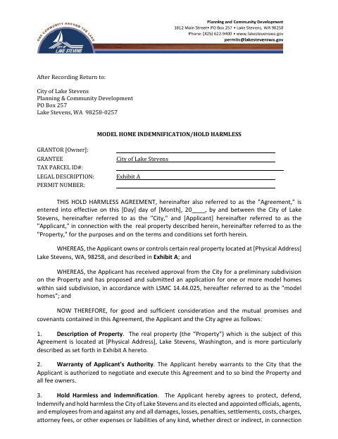 First page of the Model Home Indemnification