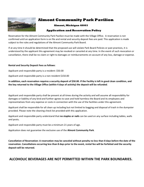 First page of the Community Park Pavilion Application and Reservation Policy