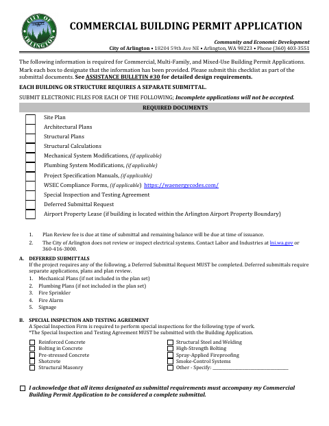 First page of the Commercial Building Permit Application