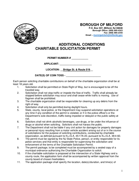 First page of the Additional Conditions Charitable Solicitation Permit