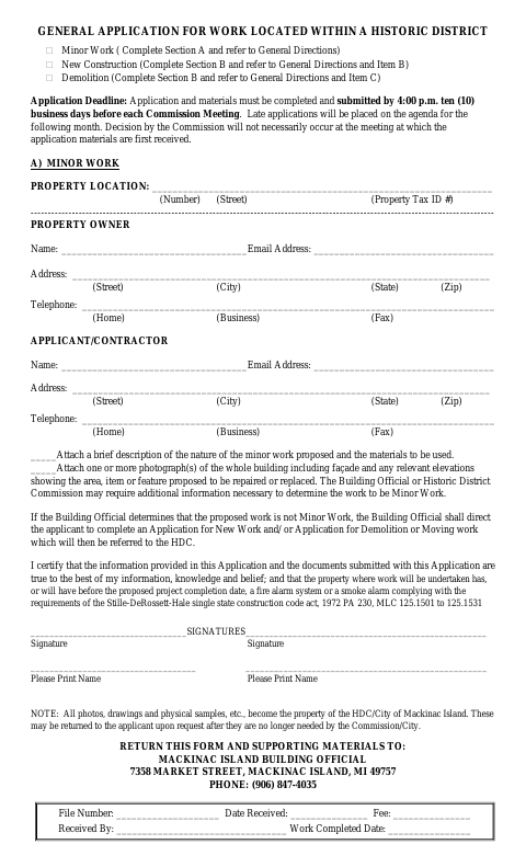 First page of the General Application for Work Located Within a Historic District