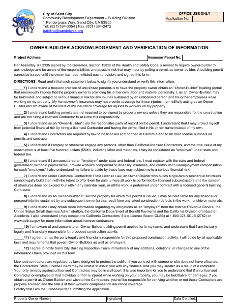 First page of the Owner-Builder Acknowledgement and Verification of Information