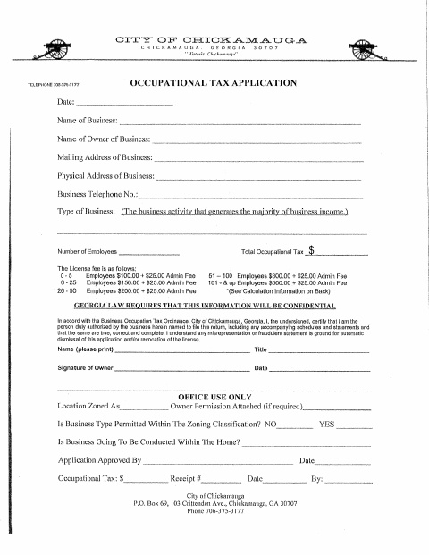 First page of the Occupational Tax Application and Affidavits