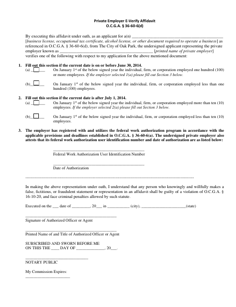 First page of the Private Employer E-Verify Affidavit