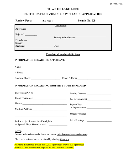 First page of the Certificate of Zoning Compliance Application