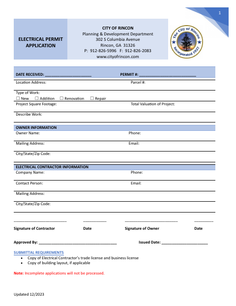 First page of the Electrical Permit Application