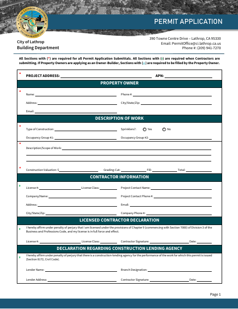 First page of the Permit Application