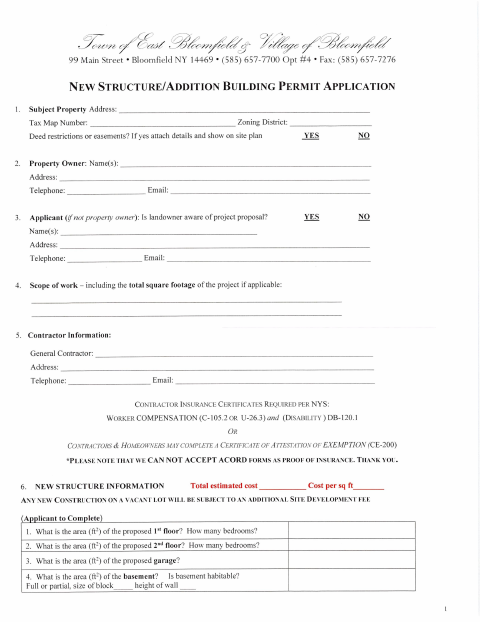 First page of the New Structure/Addition Building Permit Application