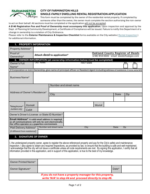 First page of the Single-Family Dwelling Rental Registration Application