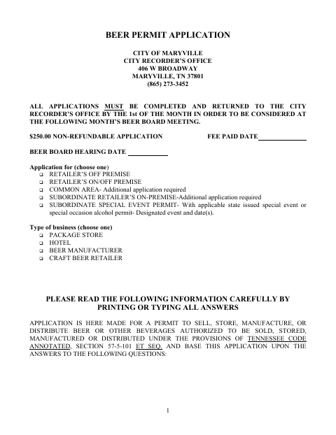 First page of the Beer Permit Application