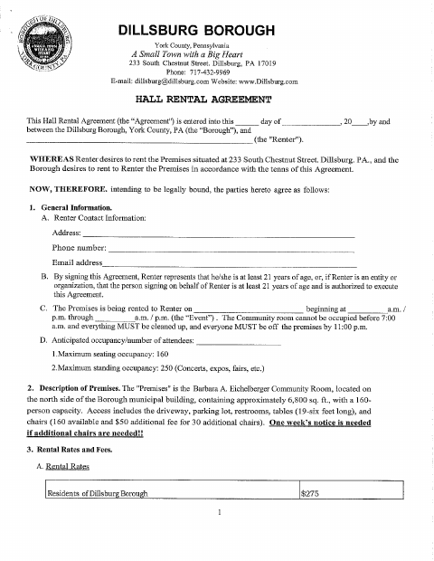 First page of the Community Room Rental Agreement