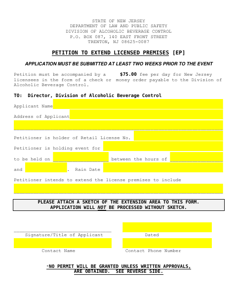 First page of the Petition to Extend Licensed Premises