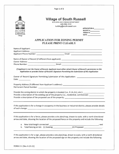 First page of the Zoning Permit Application