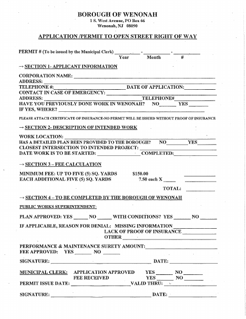 First page of the Application/Permit to Open Street Right of Way