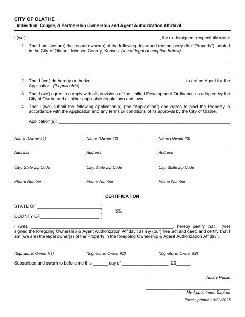 First page of the Ownership and Agent Authorization Affidavit