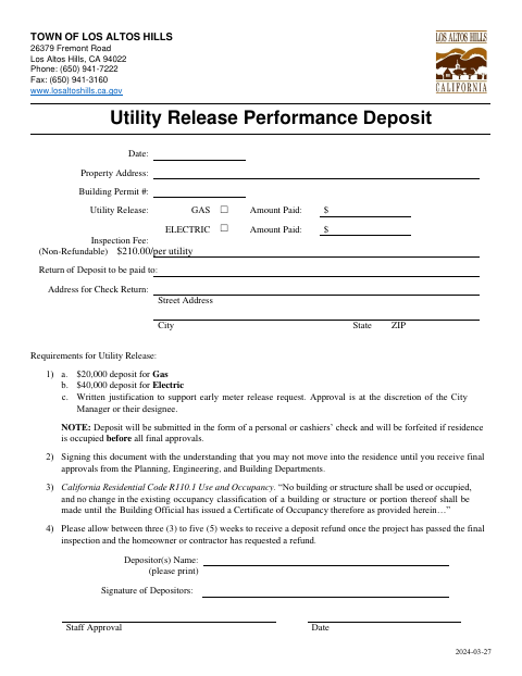 First page of the Utility Release Performance Deposit