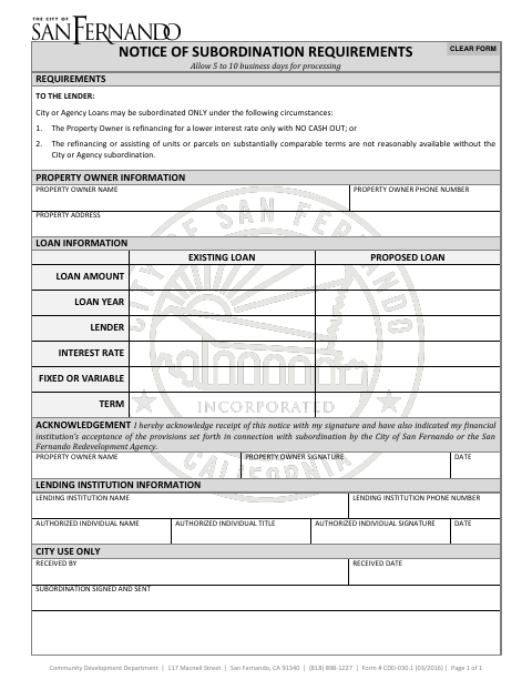 First page of the Notice of Subordination Requirements