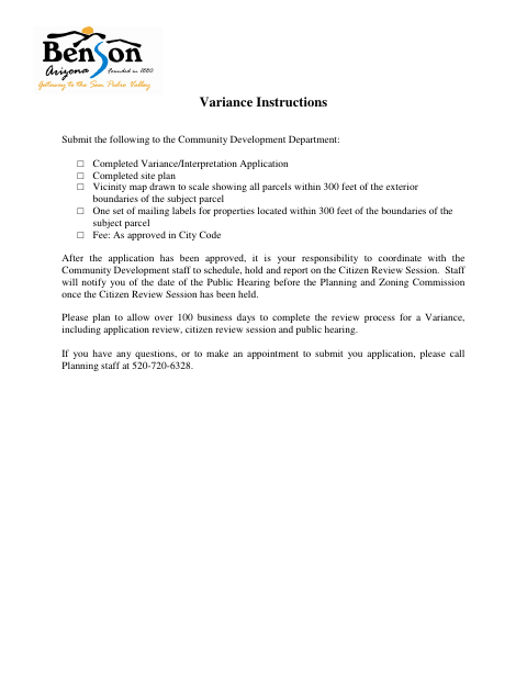 First page of the Variance Application
