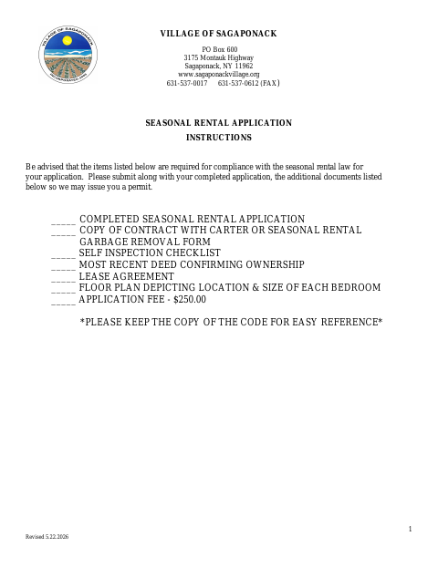 First page of the Seasonal Rental Application