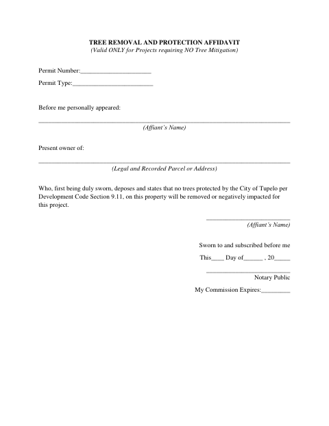 First page of the Tree Removal and Protection Affidavit