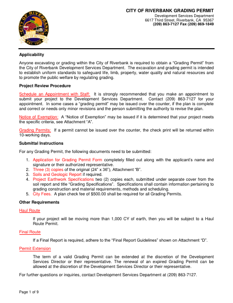 First page of the Grading Permit Application