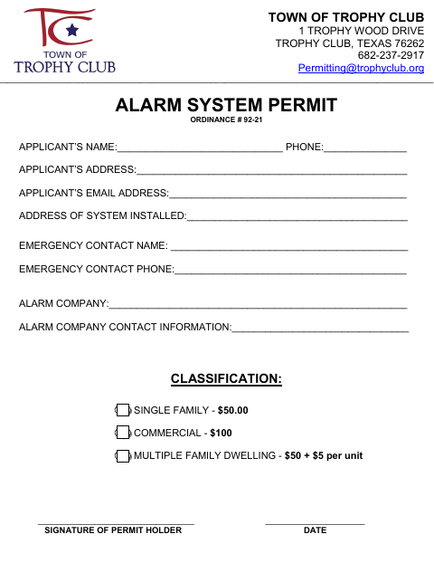 First page of the Alarm System Permit