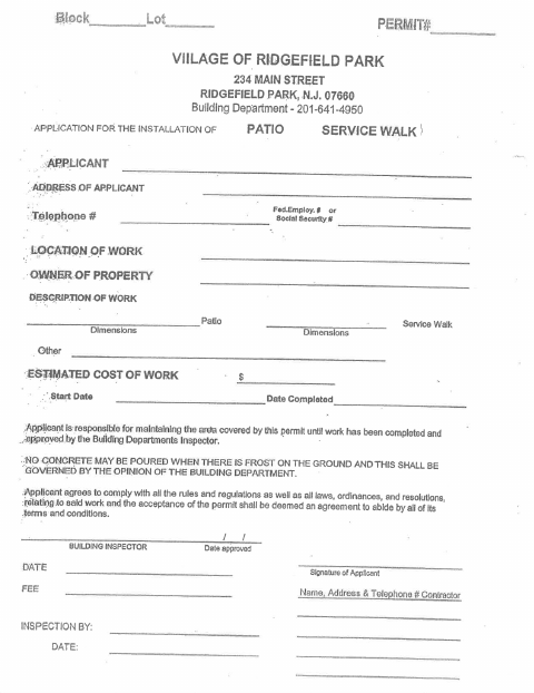 First page of the Application for the Installation of Patio Service Walk