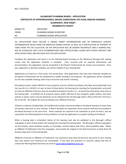 First page of the Planning Board Application