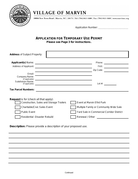 First page of the Application for Temporary Use Permit