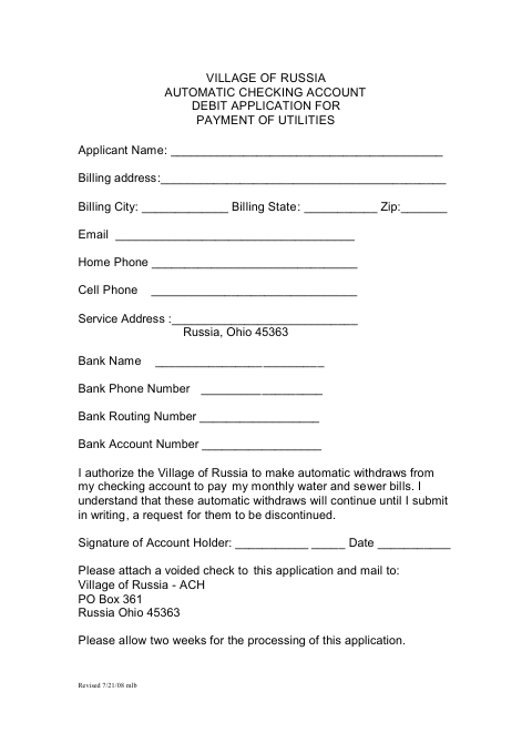 First page of the Automatic Checking Account Debit Application For Payment Of Utilities