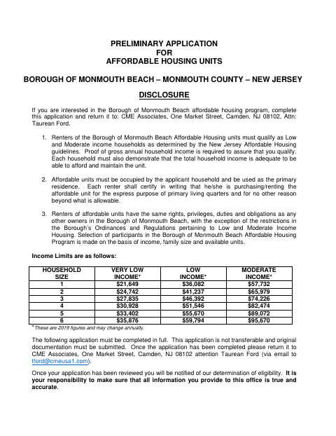 First page of the Preliminary Application for Affordable Housing Units