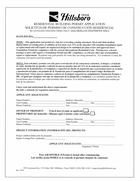 First page of the Residential Re-Leveling Permit Application