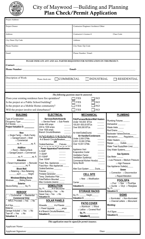 First page of the Building and Planning Plan Check/Permit Application