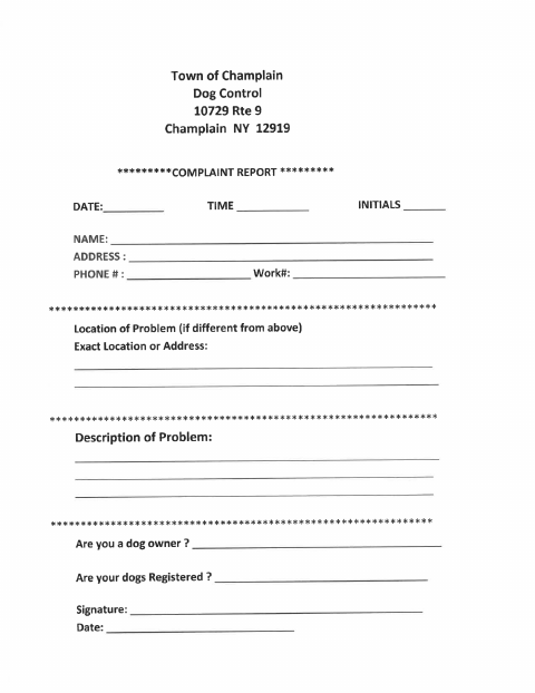 First page of the Dog Control Complaint Form