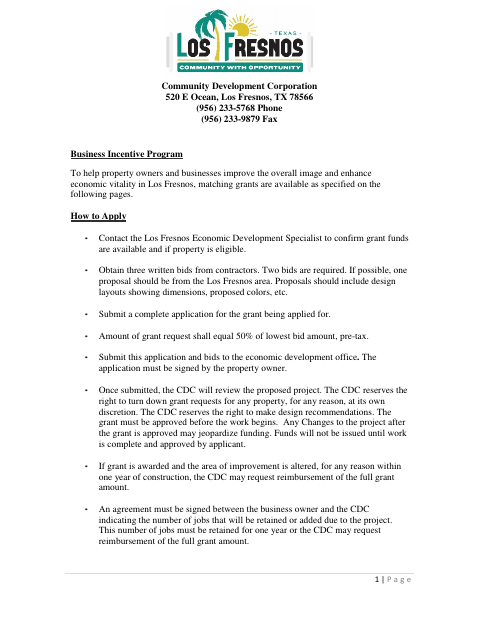 First page of the Business Incentive Program Application