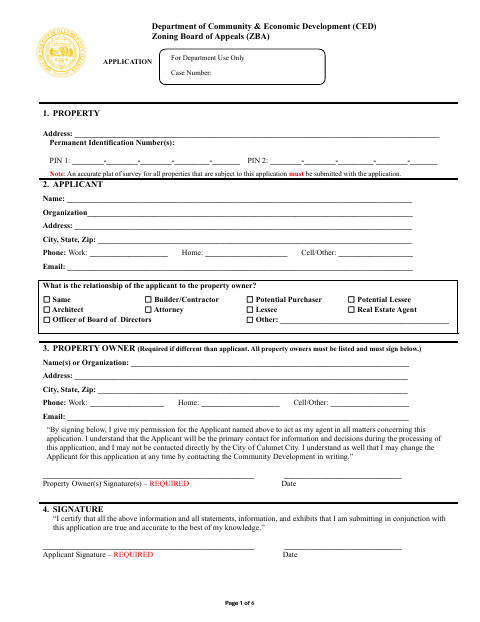 First page of the Zoning Board of Appeals (ZBA) Application