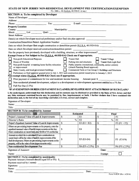 First page of the Non-Residential Development Fee Certification/Exemption